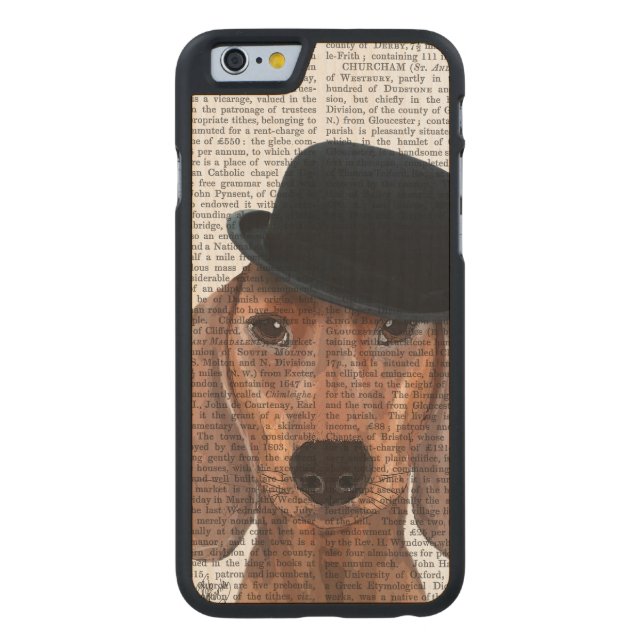 Capa De Madeira Para iPhone, Carved Dachshund com Chapéu Negro (Verso)