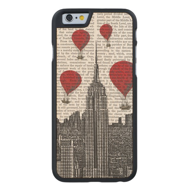 Capa De Madeira Para iPhone, Carved Empire State Building e Red Hot Air Balloons (Verso)