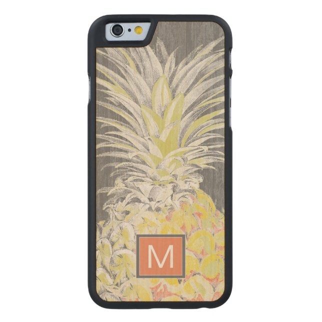 Capa De Madeira Para iPhone, Carved Monograma| PinneApple amarelo tropical (Verso)
