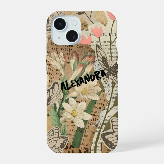 Capa de telefone com colagem de flores e borboleta (Verso)