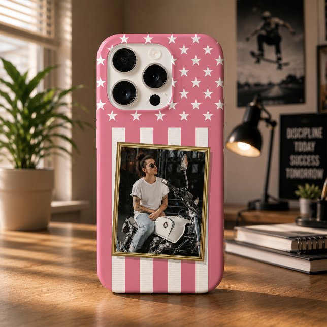 Capa de telefone com foto personalizada, bandeira  (Custom Photo Phone Case, USA Pink Flag Patriotic iPhone Case)