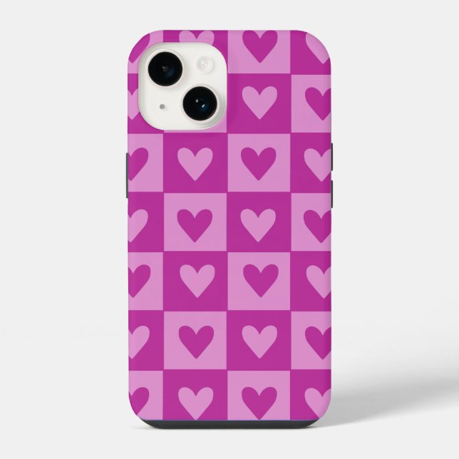 Capa de telefone com padrão de coração rosa xadrez (Verso)