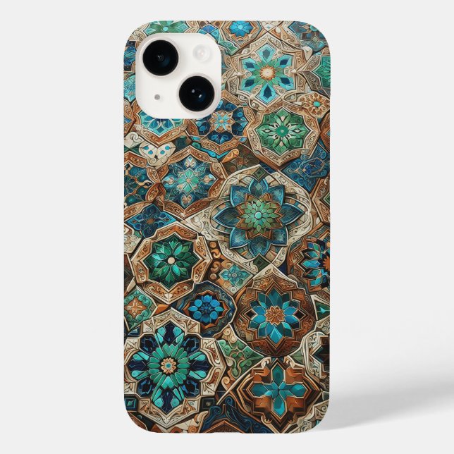 Capa de telefone de azulejo geométrico azul e dour (Verso)