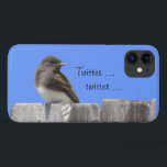 Capa de telefone - Flycatcher na cerca<br><div class="desc">Phoebe preto (flycatcher) é um pássaro preto com penas de barriga branca. Este visitante do quintal está sentado numa cerca de madeira vestida. O texto diz "Twitter ...  twitter ... "</div>