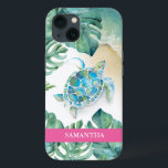 Capa de telefone Personalizada de Tartaruga Maríti<br><div class="desc">Esta capa de telefone personalizada apresenta uma tartaruga marinha de aquarela, litoral e folhas tropicais de palma monstera. Personalize com seu nome em branco sobre um fundo rosa. Trabalho de arte e design por Victoria Grigaliunas. Para ver mais capas de telefone como a vida marinha e a praia, visite www.zazzle.com/dotellabelle...</div>
