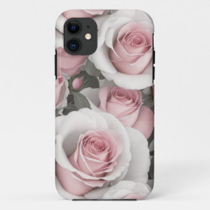 Capa de telefone rosa e rosas brancas