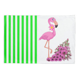 Capa de Travesseiro Listra Verde Flamingo Rosa Flo