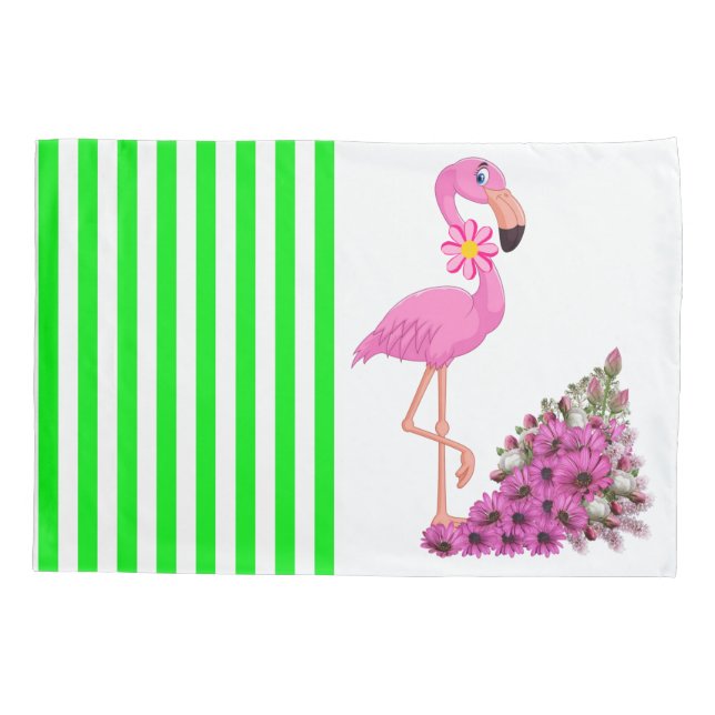 Capa de Travesseiro Listra Verde Flamingo Rosa Flo (Verso)
