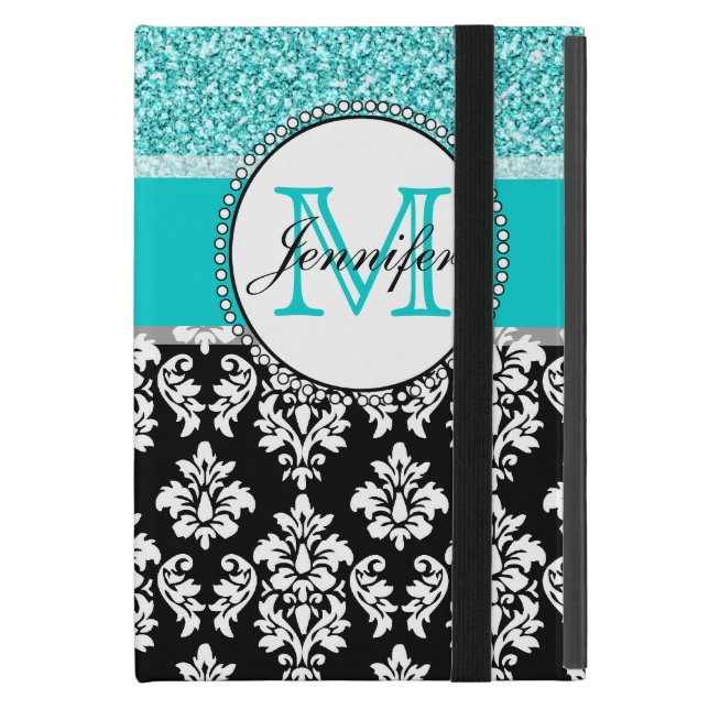 Capa iPad Mini Feminino, cerceta, brilha o damasco preto (Frente fechado)