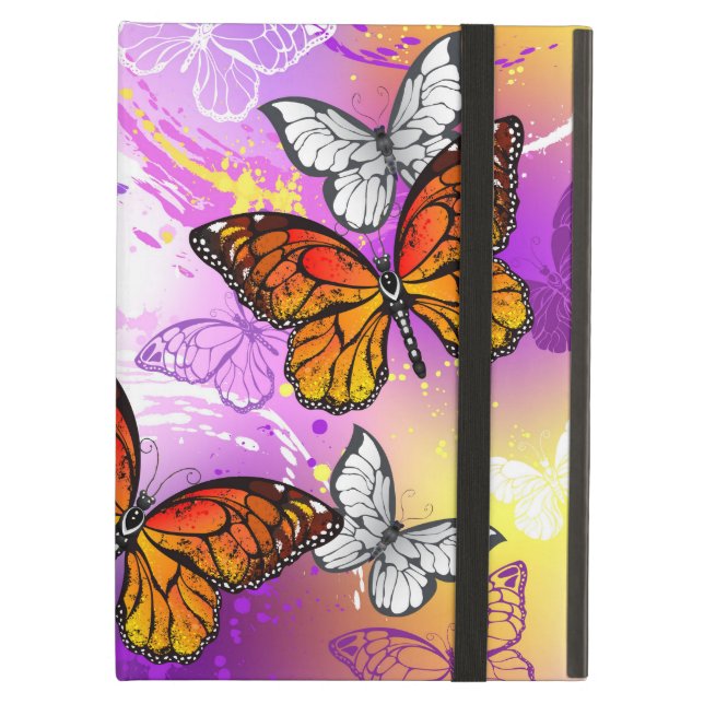 Capa Para iPad Air Borboletas Monarcas em Fundo Roxo (Frente fechado)