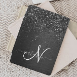 Capa Para iPad Air Monograma de brilho preto personalizado<br><div class="desc">Personalize facilmente esta elegante design de capa de ipad de de tendências com brilho cinza preto bonito num fundo metálico escovado preto.</div>