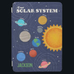 Capa Para iPad Air Sistema solar personalizado<br><div class="desc">Uma ilustração colorida do sistema solar com 8 planetas; Mercúrio, Terra, Vênus, Netuno, Saturno, Urano, Marte, Júpiter e o Sol contra um fundo azul escuro estrelado. Este design moderno é na moda e educacional, excelente como decoração e escolaridade doméstica. Este design pode ser personalizado com um nome, iniciais monogramas ou...</div>