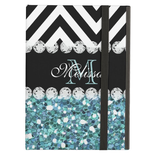 CAPA PARA iPad AIR VIGA AZUL DO PRETO DO BRILHO MONOGRAMMED (Frente fechado)