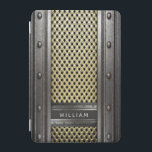Capa Para iPad Mini Caras para a indústria russa de metal bruto<br><div class="desc">Um estilo industrial legal para caras,  homens. Cinza de aço falso e metal e rebites de aparência dourada. Personalize e adicione seu nome,  letras de cinza leve.</div>