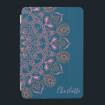 Capa Para iPad Mini Modern Boho Mandala Medallion Teal Script Name<br><div class="desc">Um giro moderno em um clássico motif mandala cor-de-rosa e laranja sobre fundo negro,  personalizado com seu nome.</div>
