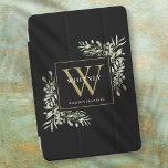 Capa Para iPad Mini Monograma Dourado Negro Verde Moderno Elegante<br><div class="desc">A Elegante aquarela verde deixa o nome do monograma por telefone,  apresentando um monograma de ouro inicial sobre fundo preto quic. Projetado por Thisnotme©</div>