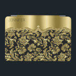 Capa Para iPad Mini Monograma, preto-legante e Dourado amassos<br><div class="desc">Padrão de damascos florais de ornamentado preto e dourado legante. Disponível em outros produtos. Monograma personalizável.</div>