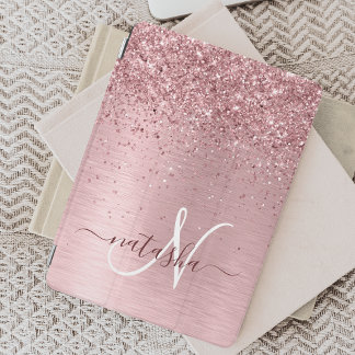 Capa Para iPad Mini Nome Monograma Brilho Metálico Rosa Bege