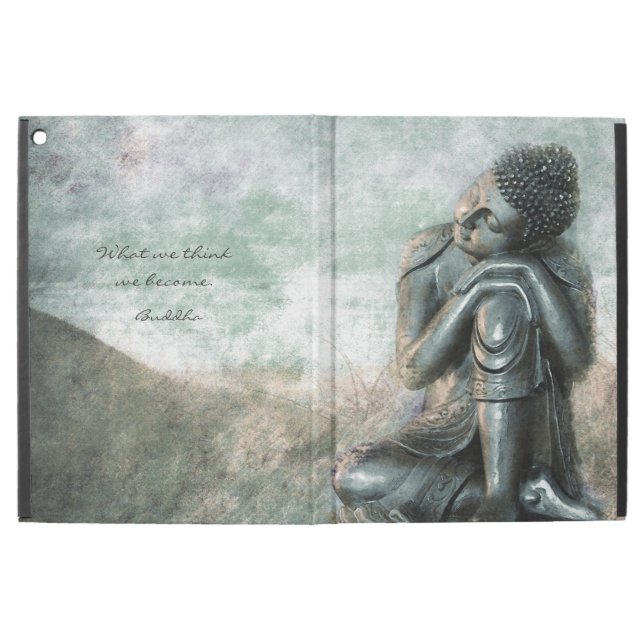 Capa Para iPad Pro 12.9" Buddha de prata calmo com citações inspiradas (Exterior)