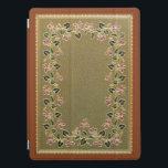 Capa Para iPad Pro Cobrir de Livro Floral de Vintage Gilt<br><div class="desc">Cobrir histórico de marrãs decorativas francesas e de livros de couro,  cerca de 1900,  com círculo de violetas,  folhas e flores de marrãs em couro verde. A cor de fundo é editável. Reprodução fotográfica - a textura do couro é simulada.</div>