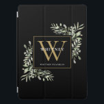 Capa Para iPad Pro Monograma Dourado Negro Elegante Verde<br><div class="desc">A Elegante aquarela verde deixa o nome do monograma por telefone,  apresentando um monograma de ouro inicial sobre fundo preto quic. Projetado por Thisnotme©</div>