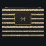 Capa Para iPad Pro Nome do monograma das listras pretas de ouro moder<br><div class="desc">Minúsculo brilho pessoal no caso Ipad pro. Listras pretas sobre fundo do ouro e monograma e nome.</div>