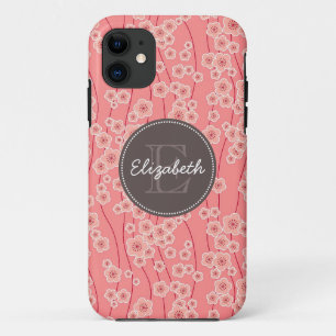 Capa Para iPhone 11 A cereja cor-de-rosa moderna floresce Monogrammed