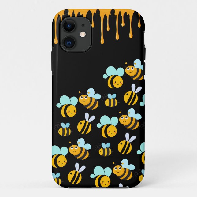Capa Para iPhone 11 Abejas Ilustradas Mel Negra (Verso)