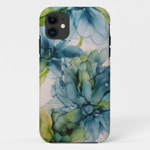 Capa Para iPhone 11 Abstrato azul colorido e Arte Floral Verde