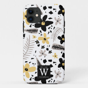 Capa Para iPhone 11 Abstrato Black Yellow Cinza Floral Sem Costura Pad