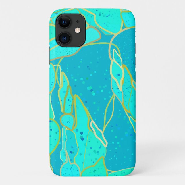 Capa Para iPhone 11 abstrato de "Sea Grotto" - turquesa, azul, ouro (Verso)