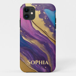 Capa Para iPhone 11 Abstrato Fluxo de Arte Azul Roxo Rosa e Dourado-