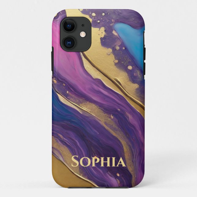 Capa Para iPhone 11 Abstrato Fluxo de Arte Azul Roxo Rosa e Dourado- (Verso)