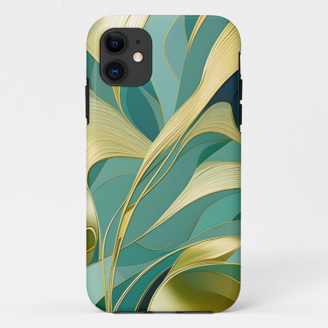 Capa Para iPhone 11 Abstrato Verde e Dourado Folhas Design (Verso)