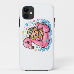 Capa Para iPhone 11 Adesivo de Flamingo de Piscina Cachorrinho Kawaii
