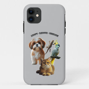 Capa Para iPhone 11 Adoção Pet com Cão, Gato, Pássaro e URM Lizard