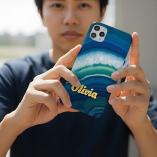 Capa Para iPhone 11 Ágata Azul e Geodo Verde-Limão Luxo Personalizado