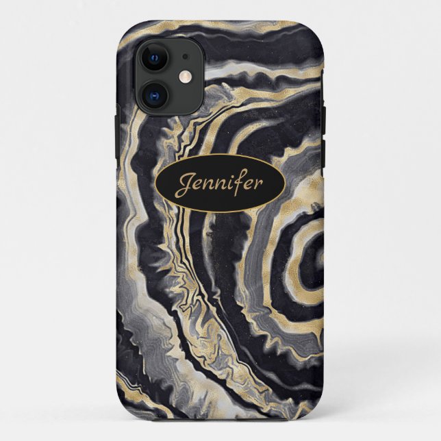 Capa Para iPhone 11 Ágata Moderna Preta e Cristal Dourado Personalizad (Verso)