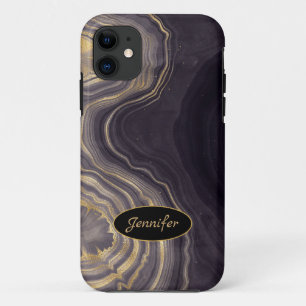 Capa Para iPhone 11 Ágata Moderna Roxa & Cristal Dourado Personalizado