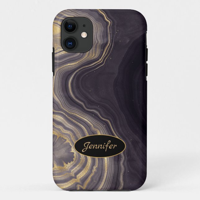 Capa Para iPhone 11 Ágata Moderna Roxa & Cristal Dourado Personalizado (Verso)