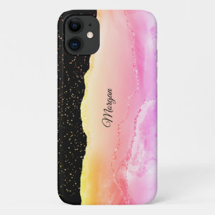 Capa Para iPhone 11 Ágata Ombre Rosa e Amarelo, Estrelas Douradas e No