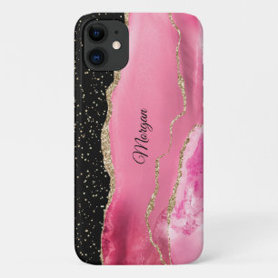 Capa Para iPhone 11 Ágata Rosa e Dourada, Estrelas Douradas e Nome em