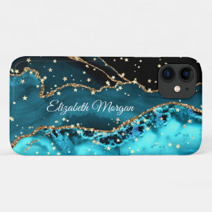 Capa Para iPhone 11 Ágata Turquesa, Preta e Dourada, Estrelas Douradas