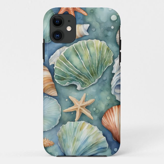 Capa Para iPhone 11 Água de Brisa Oceânica: Concha e Estrela do Mar (Verso)