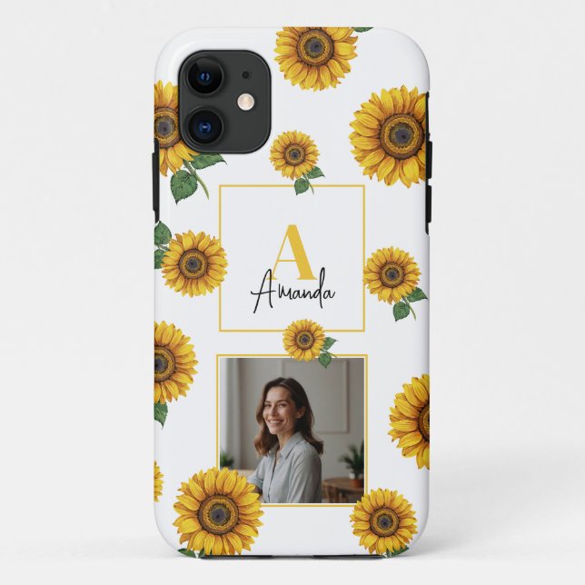 Capa Para iPhone 11 Amarelo Amarelo Sunflower Monograma Mãe (Verso)