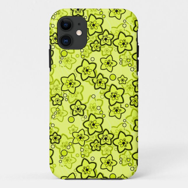 Capa Para iPhone 11 Amarelo com padrão floral neon brilhante preto (Verso)