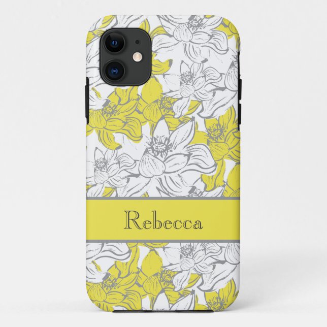 Capa Para iPhone 11 Amarelo Monogramado e Floral Cinza  (Verso)