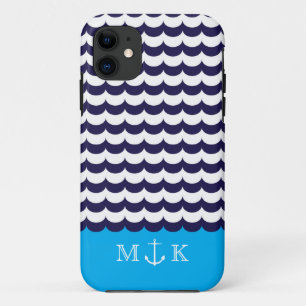 Capa Para iPhone 11 Âncora com ondas e marinho & turquesa do monogram