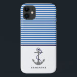 Capa Para iPhone 11 âncora das cinzas e marinho náutico de faixas bran<br><div class="desc">âncora de cinza e listras no caso do iPhone 11 náutico. Esta elegante e moderna design de praia mostra listras horizontais em azul, branco e marinho azul, uma âncora de cinza com corda e coração e seu nome.</div>