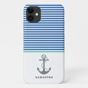 Capa Para iPhone 11 âncora de Cinza e azul, listras brancas aqua náu